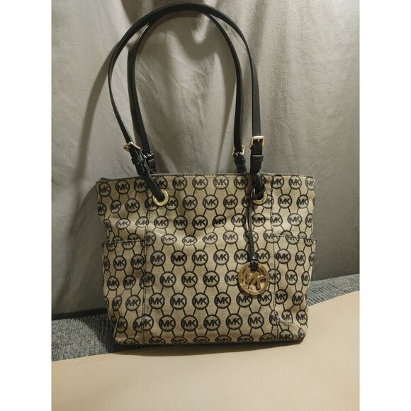 Michael Kors Jet Set Tote Leather and Canvas Black and Tan Logo - Picture 4 of 15